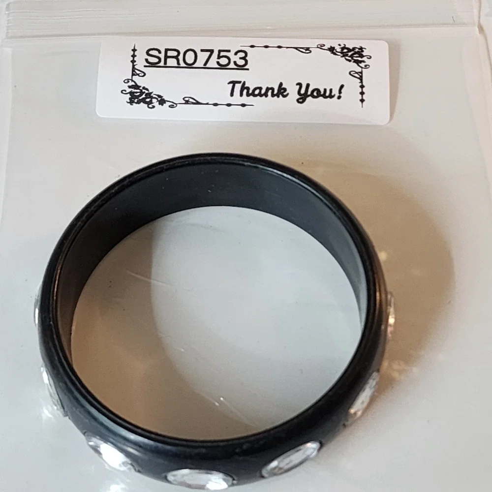 Black Plastic Bangle Bracelet Clear Oval Rhinestones Chunky Statement Y2K Retro